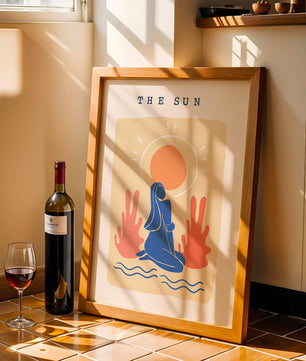 Modern abstract art poster featuring the sun and a serene figure in blue and coral tones - Mi tienda