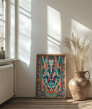 Arte tribal geométrico con motivos de serpiente y toro