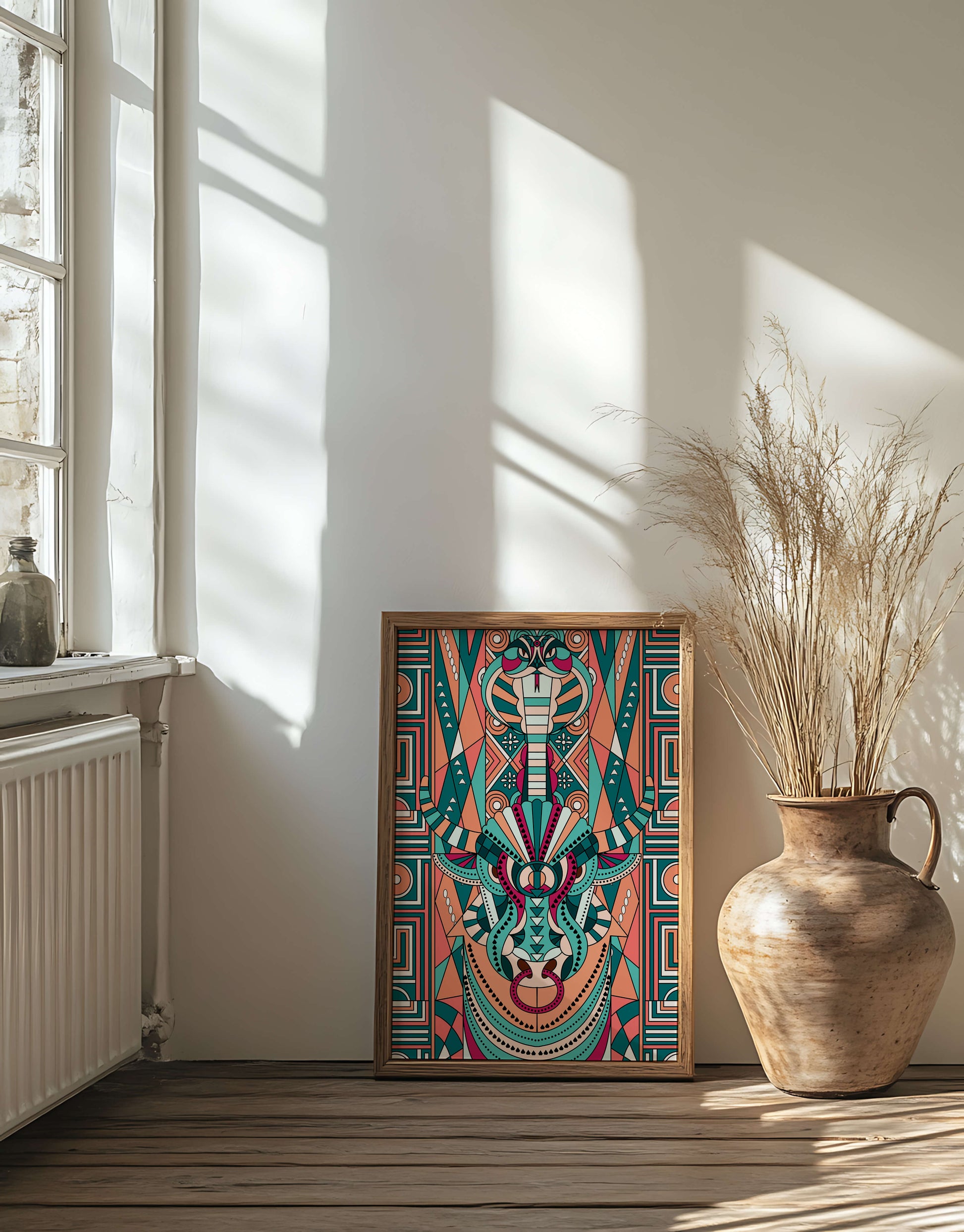 Arte tribal geométrico con motivos de serpiente y toro