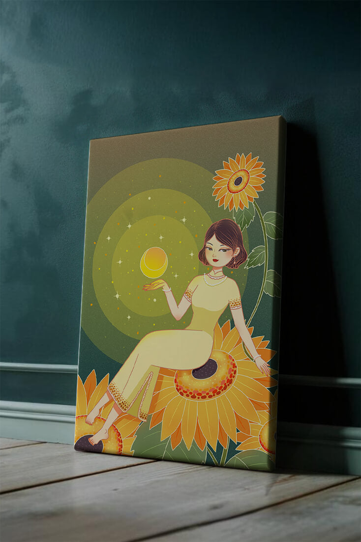 Elegant woman sitting on sunflowers in a celestial scene