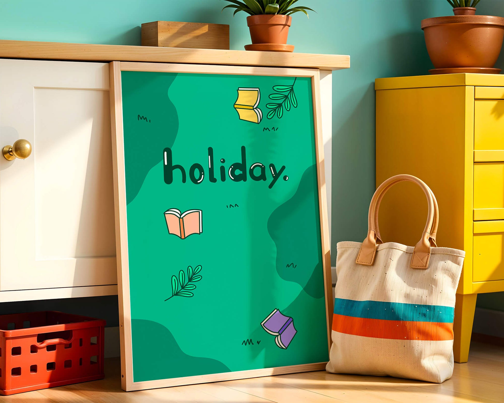 Colorful holiday-themed design with books and leaves