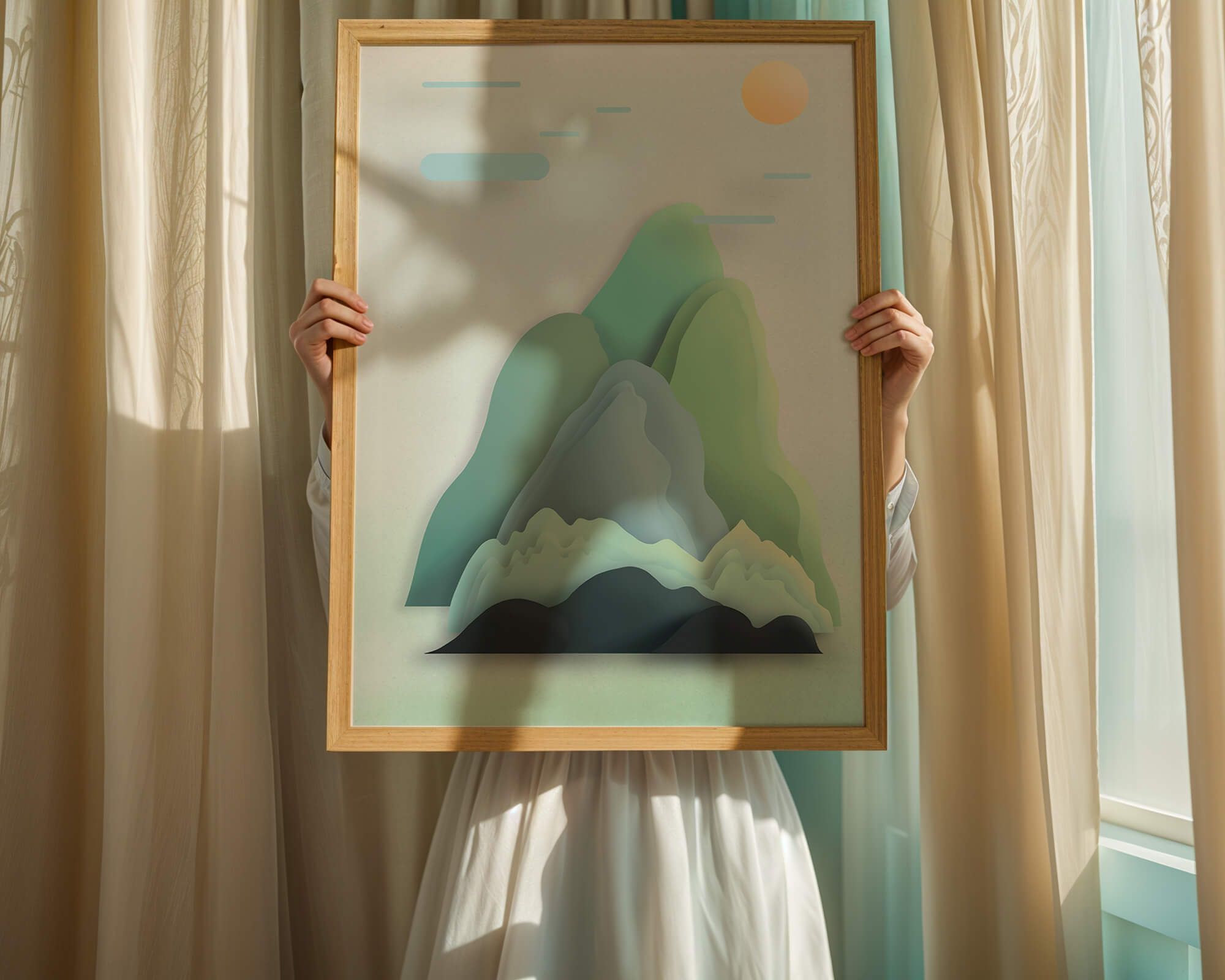 Minimalistic mountain landscape with vibrant colors and abstract layers