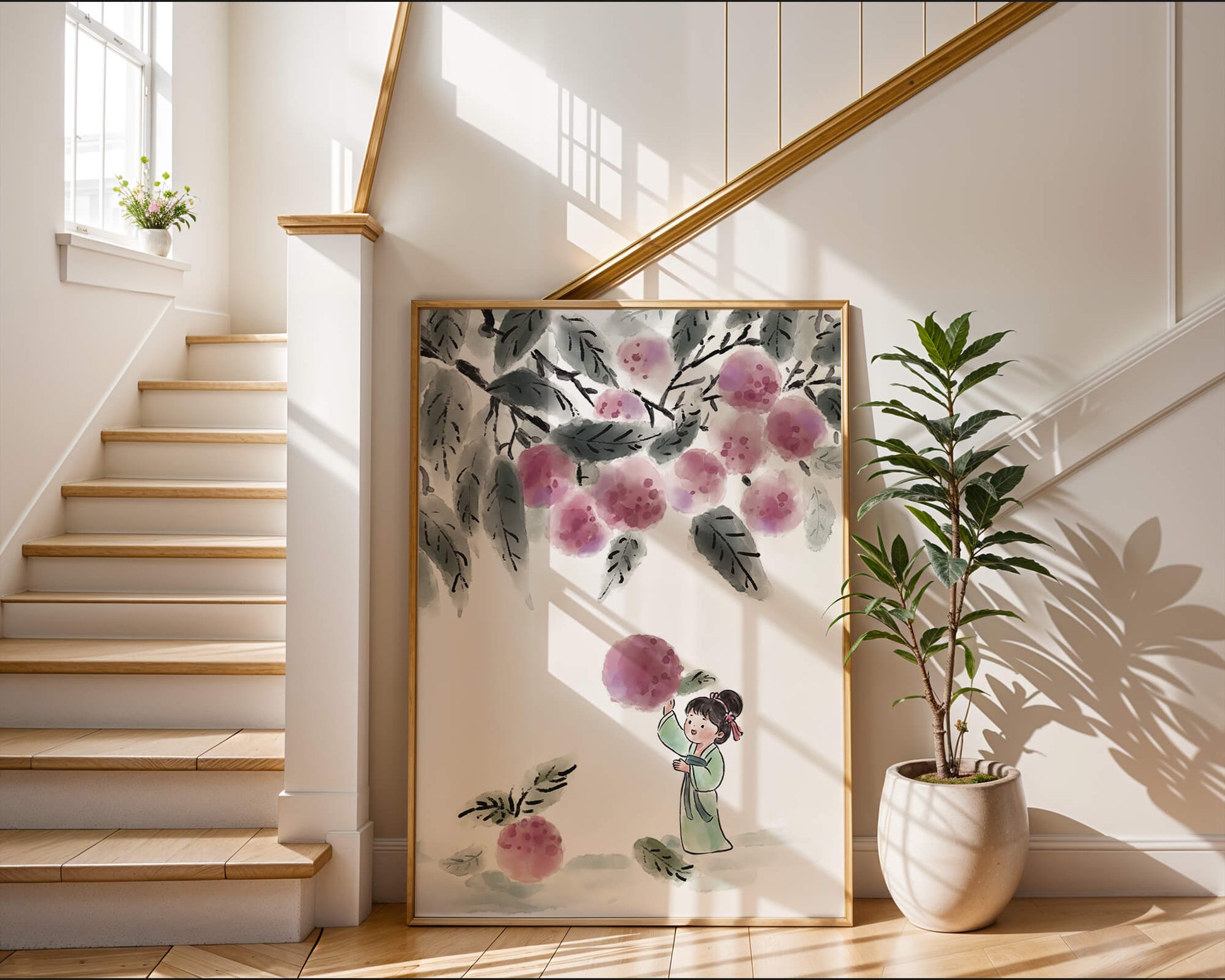 Ilustración encantadora de un niño con ropa tradicional, bayas vibrantes y hojas exuberantes