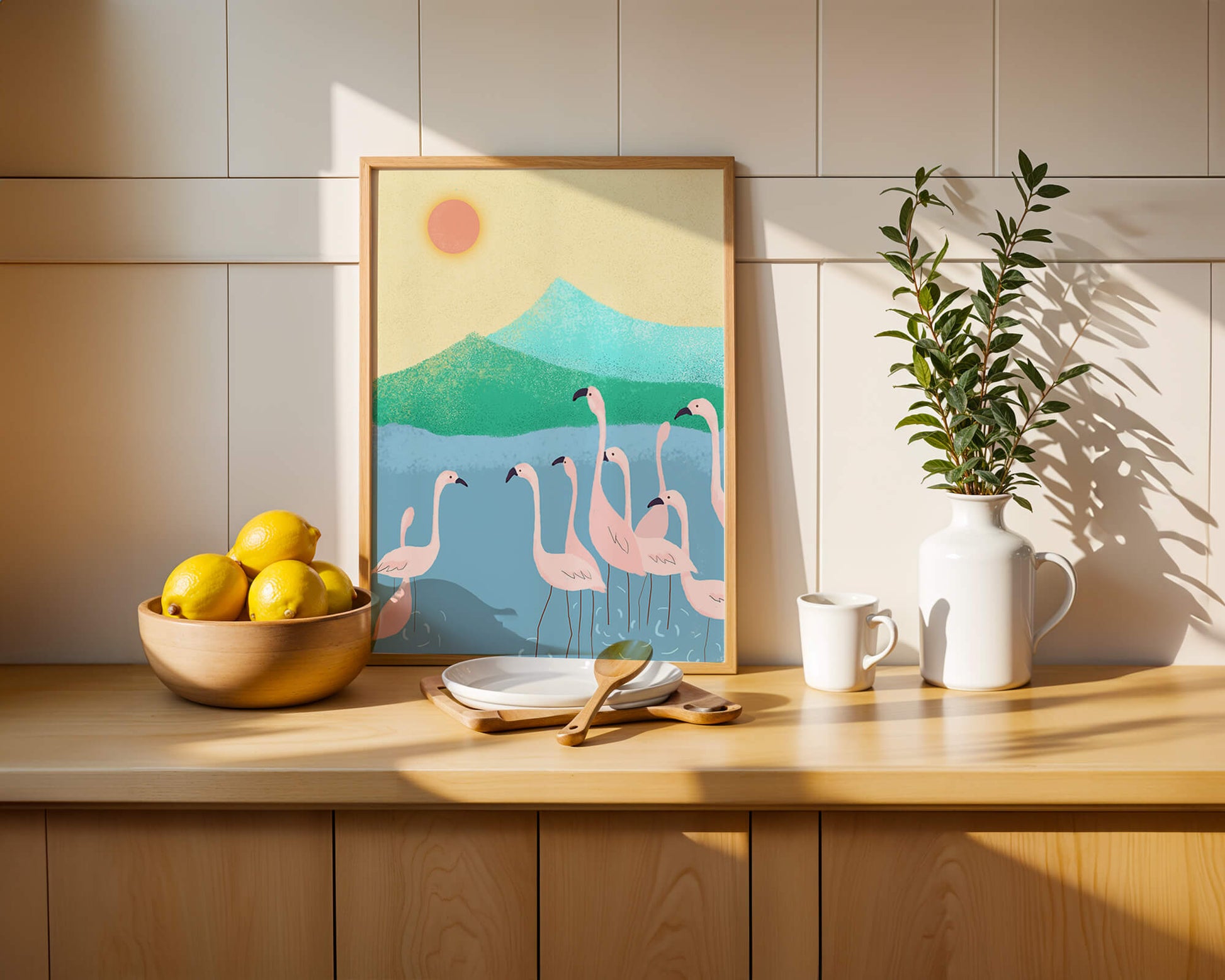 Friedliche Szene mit Flamingos in einer ruhigen Landschaft mit Bergen und Sonnenuntergang