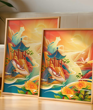 Mystical landscape with cranes and serene mountains