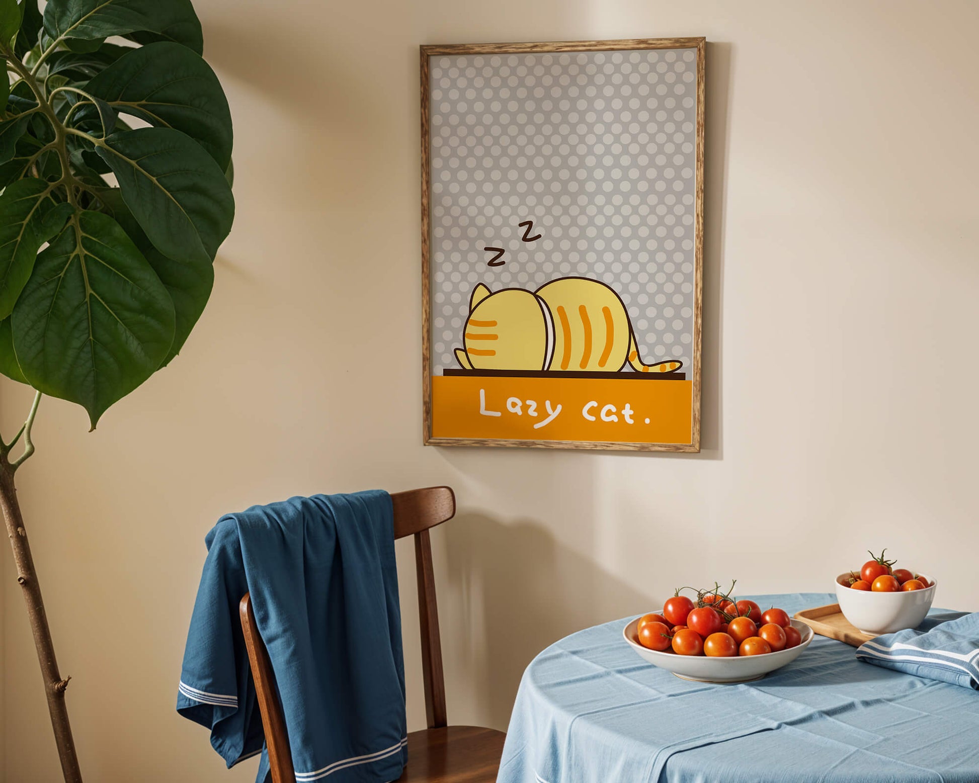 Sleeping cartoon cat with polka dot background