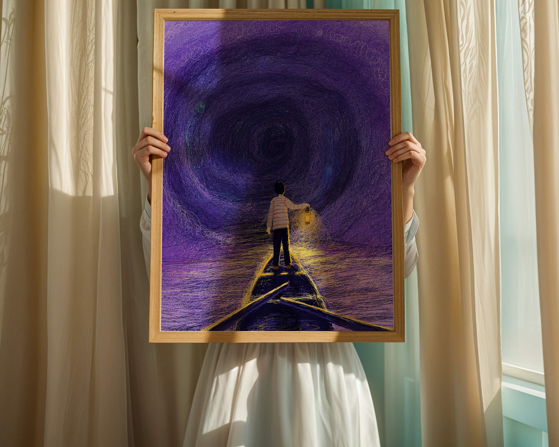 A boy holding a lantern on a boat in a swirling purple vortex