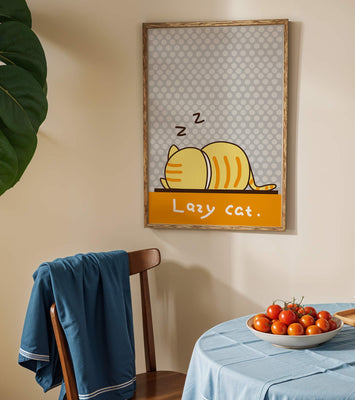 Sleeping cartoon cat with polka dot background