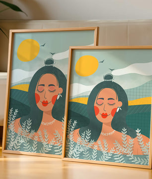 Portrait féminin abstrait et serein avec des éléments de nature