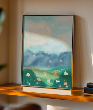 Serene Landscape with Blooming Flowers and Majestic Mountains