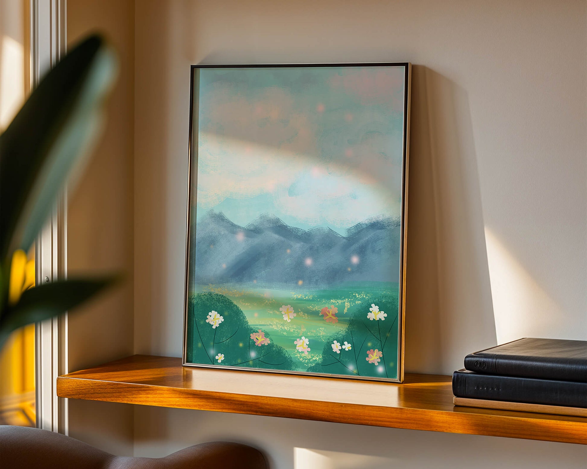 Serene Landscape with Blooming Flowers and Majestic Mountains