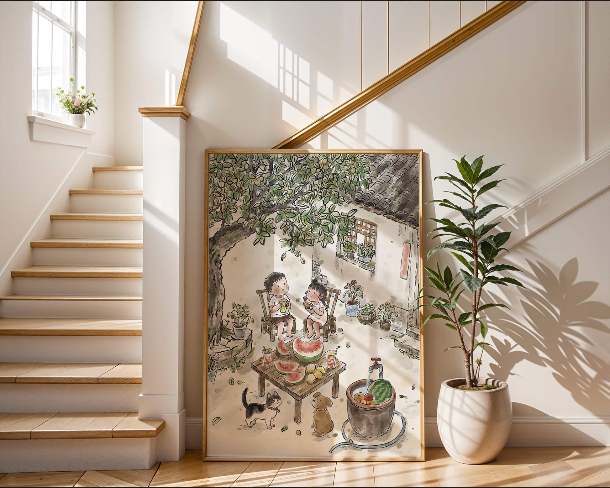 Encuentro acogedor en el patio trasero de verano con sandía y mascotas