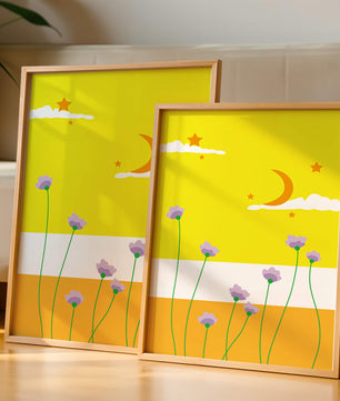 Illustrative landscape with crescent moon, stars, and flowers