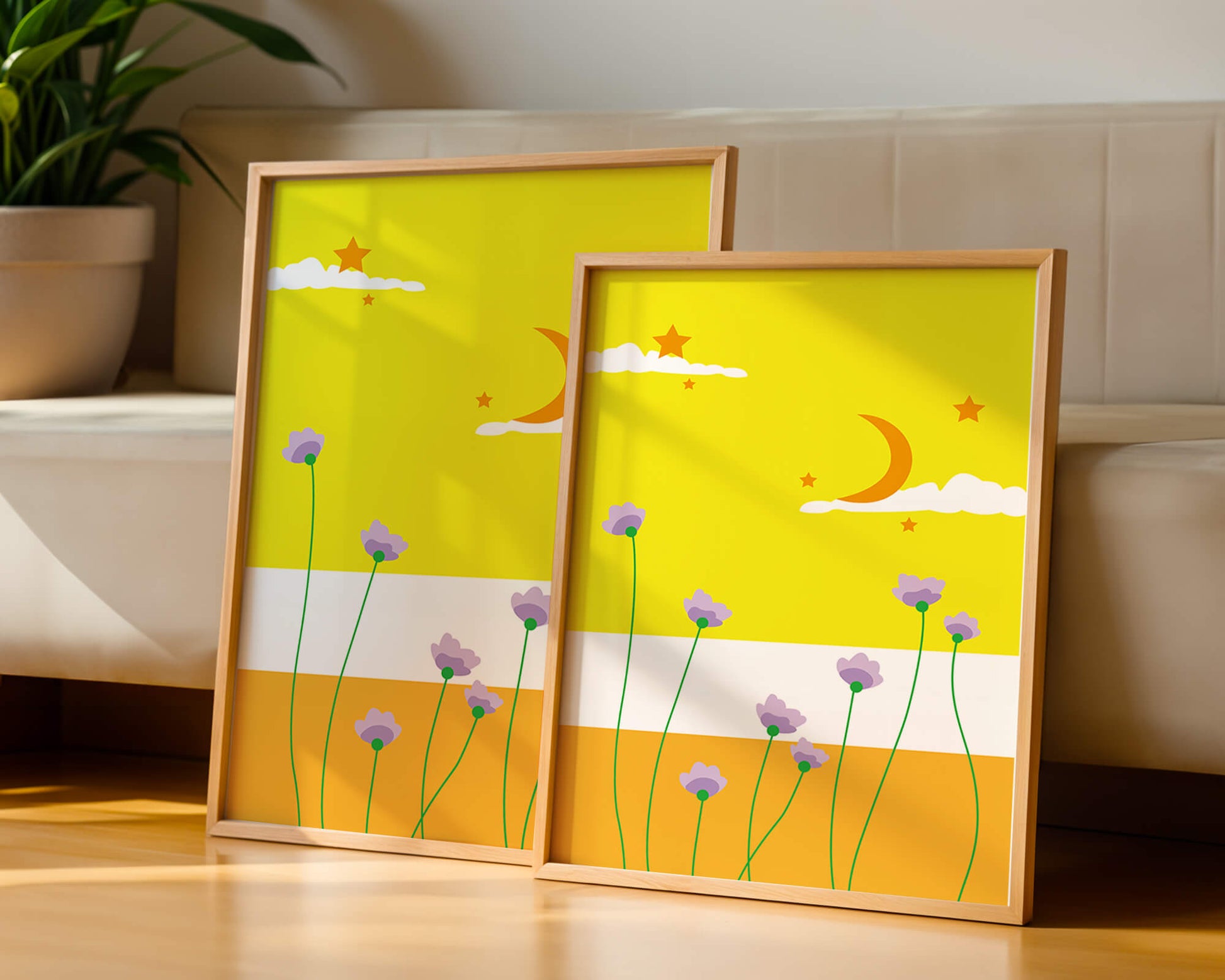 Illustrative landscape with crescent moon, stars, and flowers