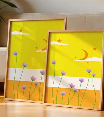 Illustrative landscape with crescent moon, stars, and flowers
