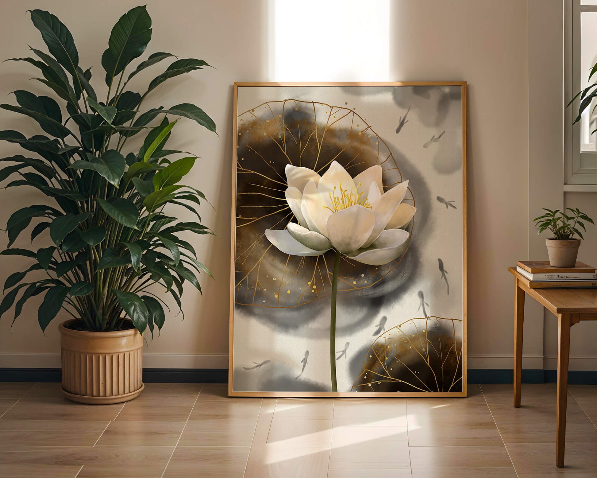Illustration of a lotus flower with golden accents