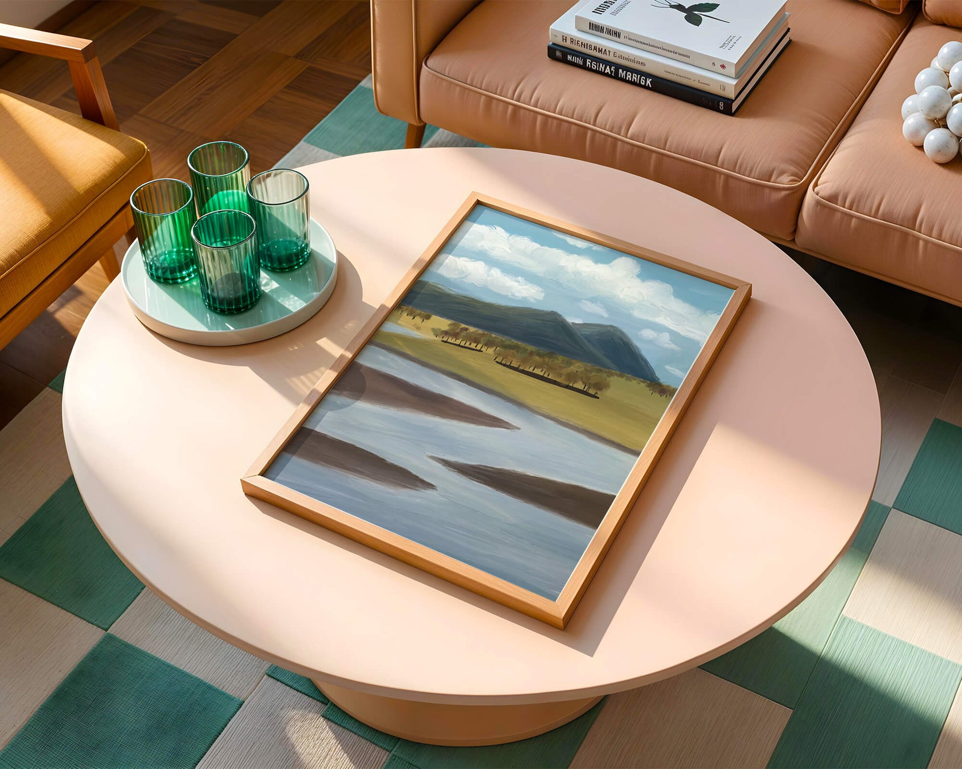 Serene Landscape with Mountains, Trees, and River