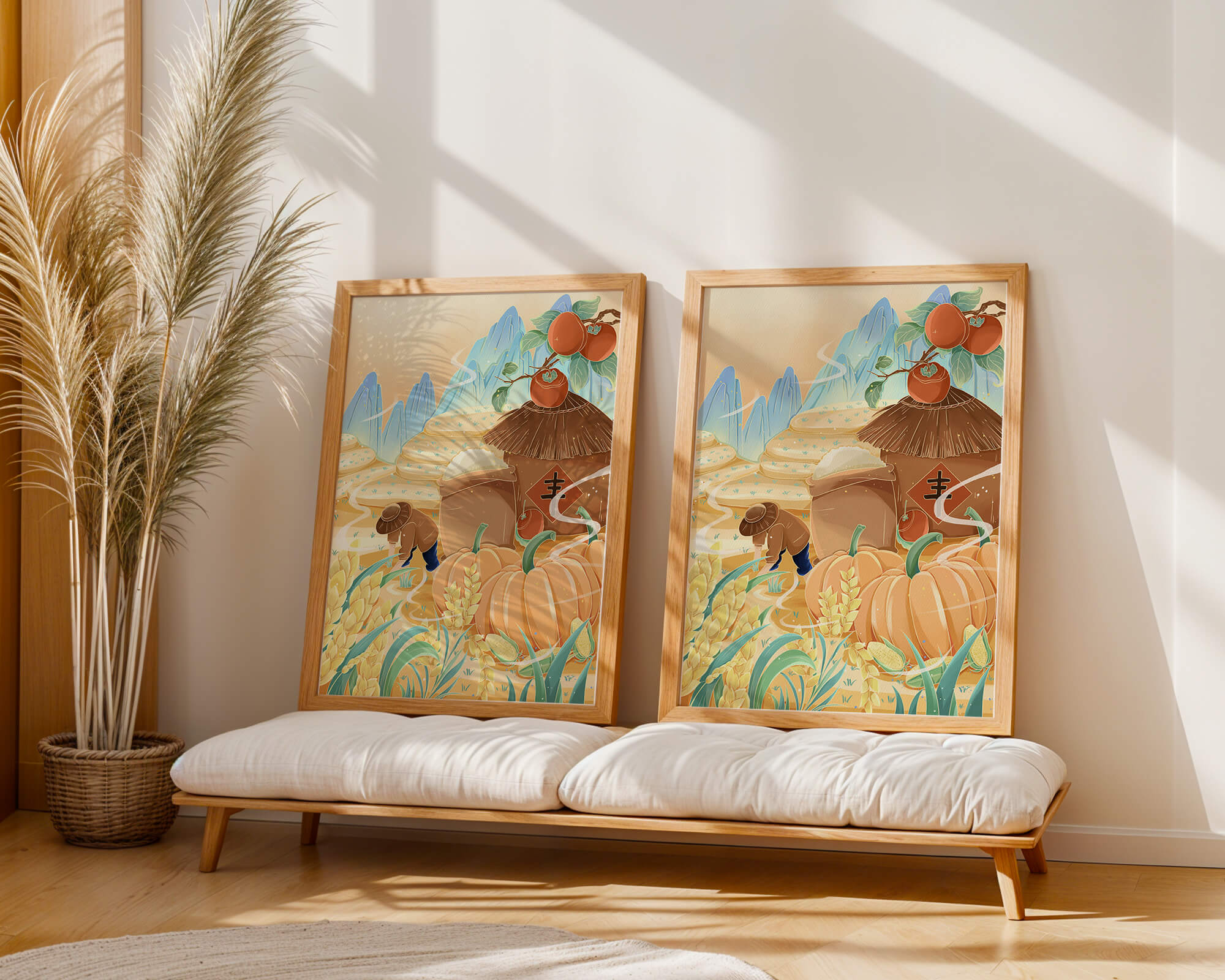 Pastoral landscape with pumpkins and farmer in rice fields