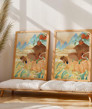 Pastoral landscape with pumpkins and farmer in rice fields