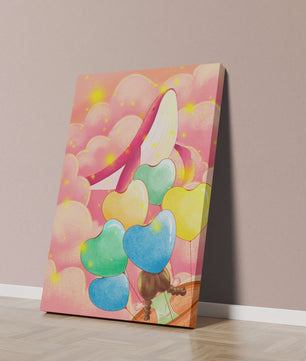 Globos con forma de corazón y ballena en una escena caprichosa y colorida