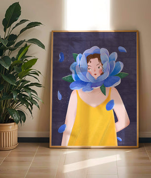 Illustration of woman with blue flower head and yellow dress
