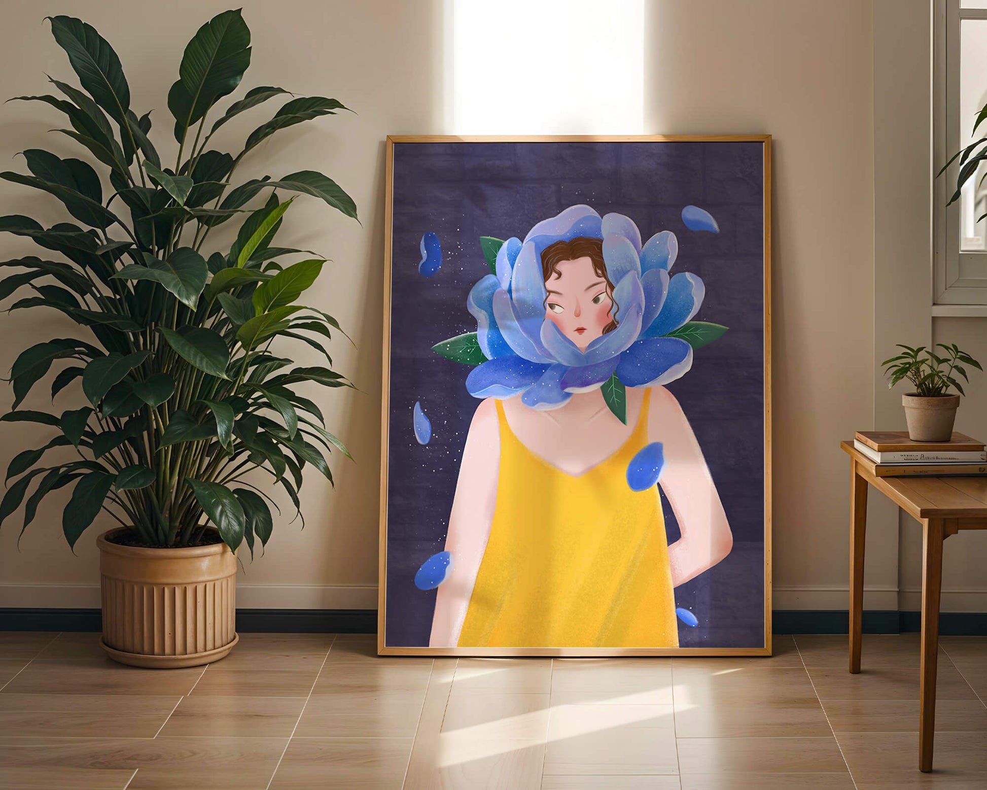 Illustration of woman with blue flower head and yellow dress