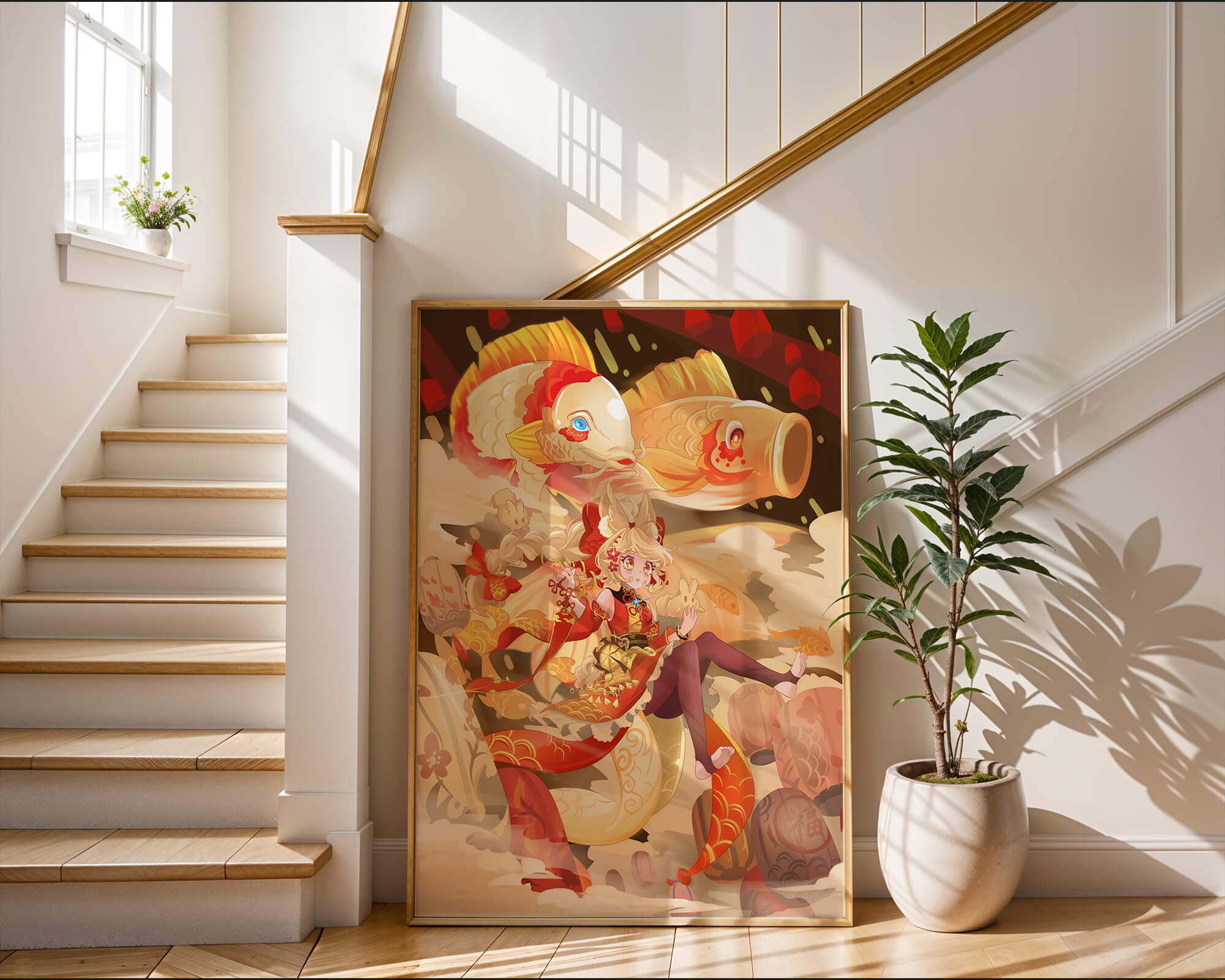Vibrant anime character with mythical koi fishes and lanterns in dynamic scene