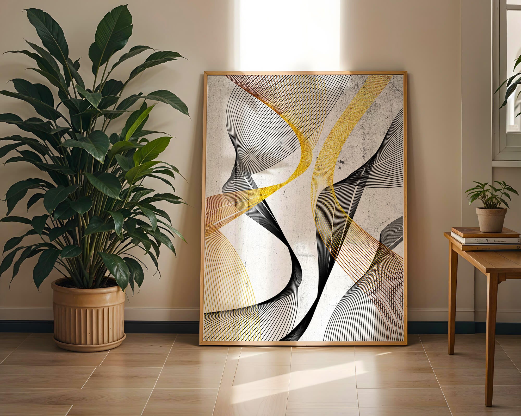 Abstract dynamic lines with golden and black swirls on textured background