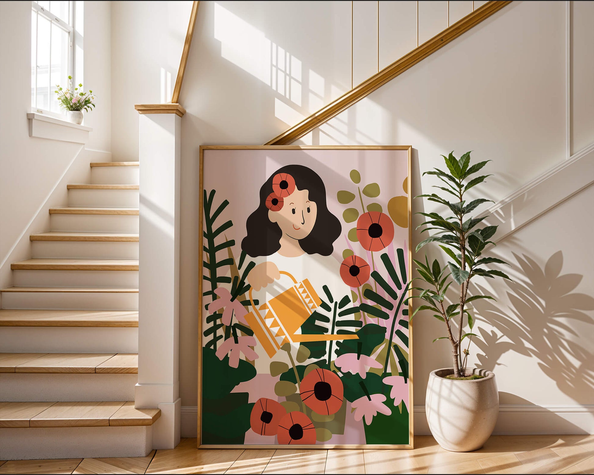 Woman watering plants surrounded by vibrant flowers and greenery