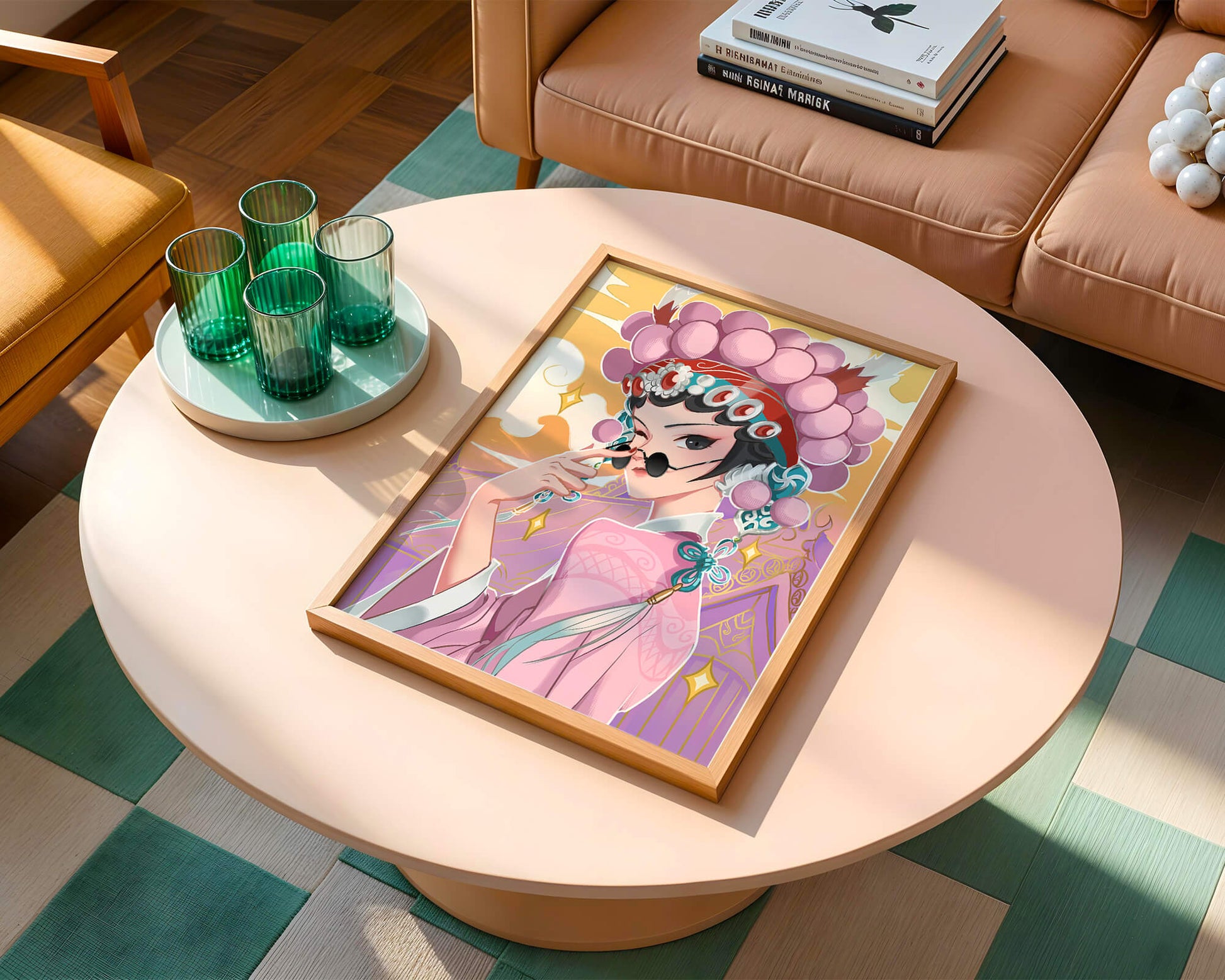 Elegant anime character in traditional attire with golden accents