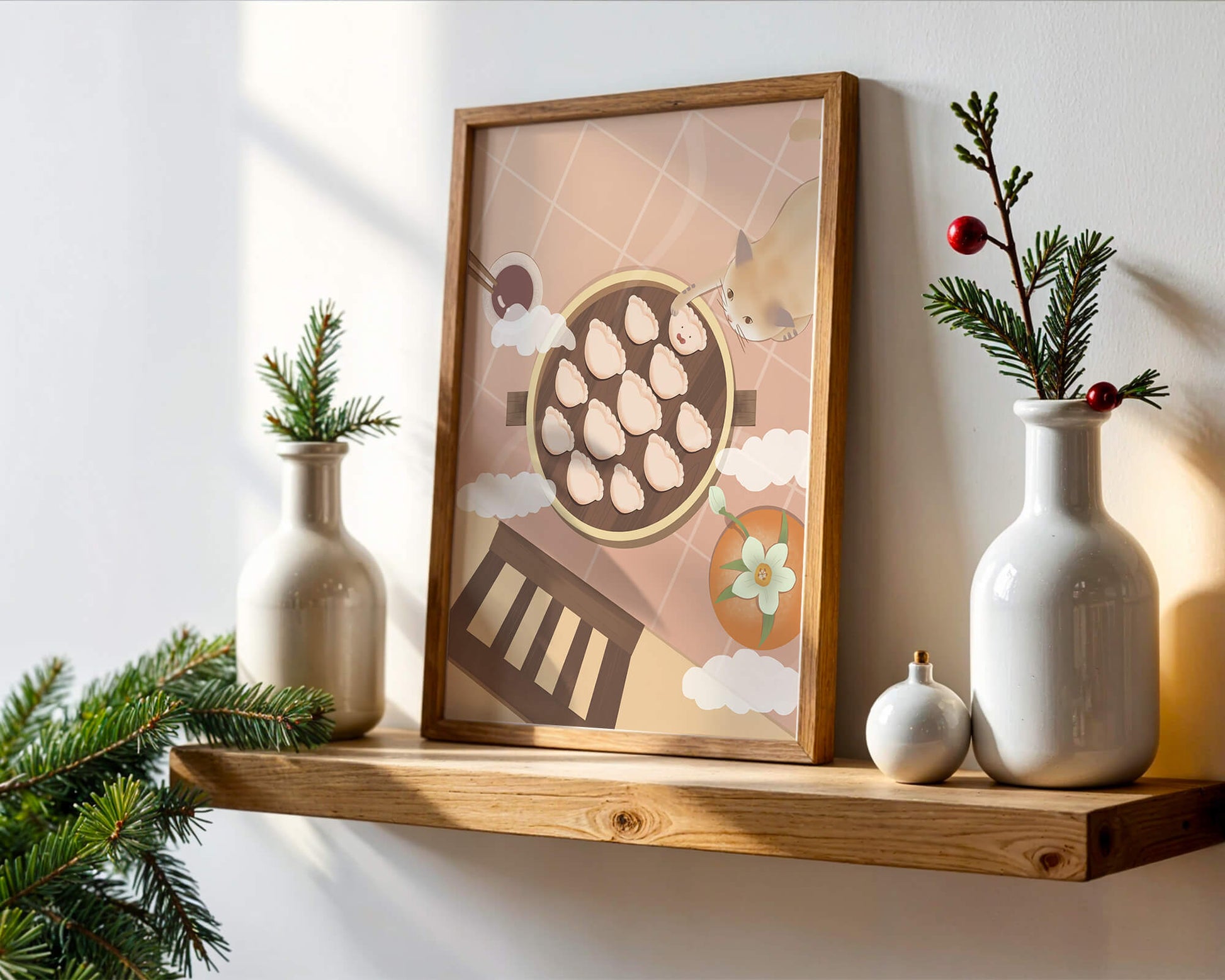 Gato alcanzando dumplings en una mesa con azulejos rosas y naranjas con palillos