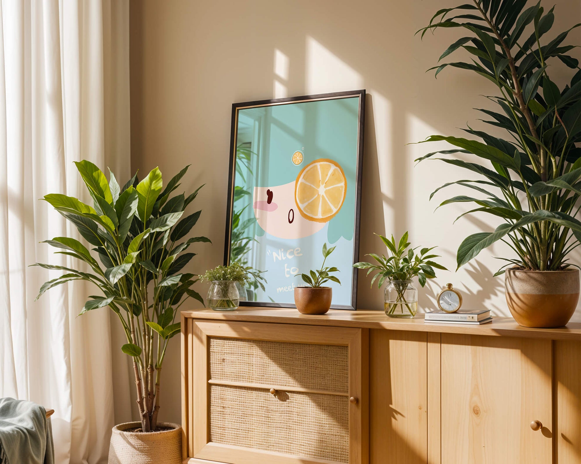Playful Illustration of a Cartoon Face with Citrus Accent
