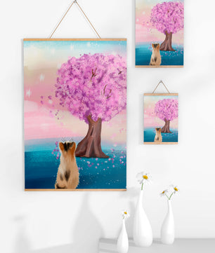 Serene scene with cat and blossoming cherry tree at sunrise