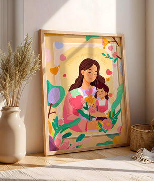 Ilustración de madre e hija con flores para el Día de la Madre