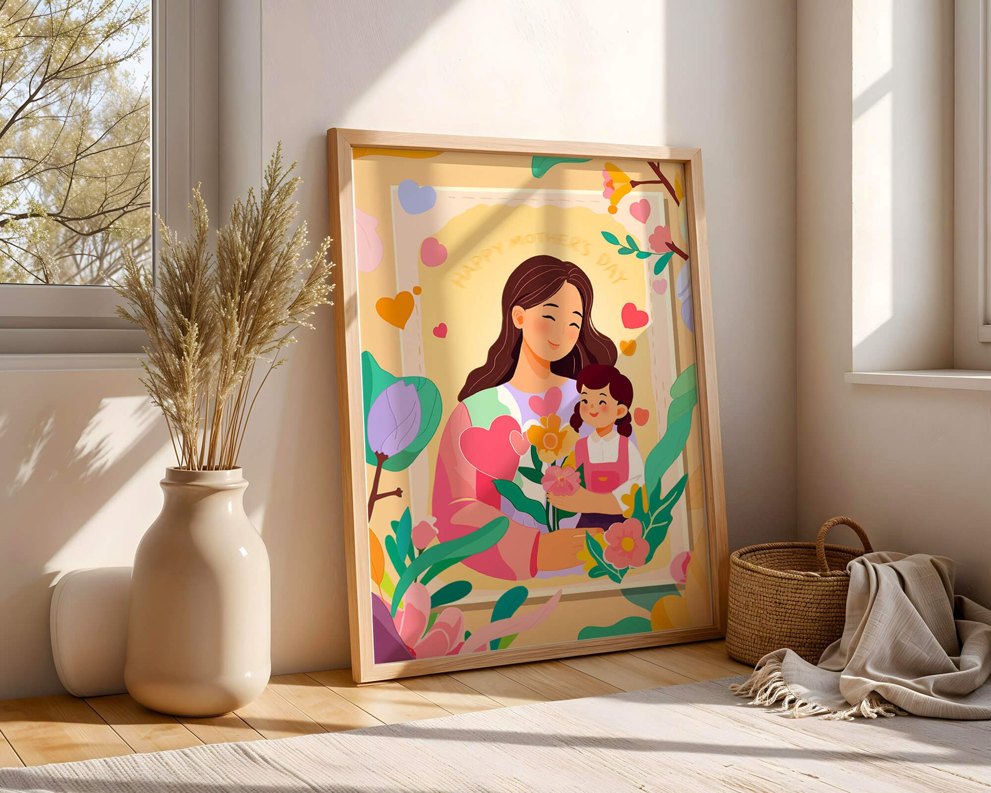Illustration of mother and daughter with flowers for Mother's Day