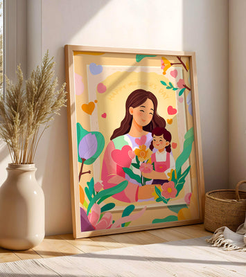 Illustration of mother and daughter with flowers for Mother's Day