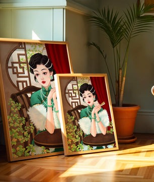 Elegant Woman in Traditional Asian Attire with Floral Background