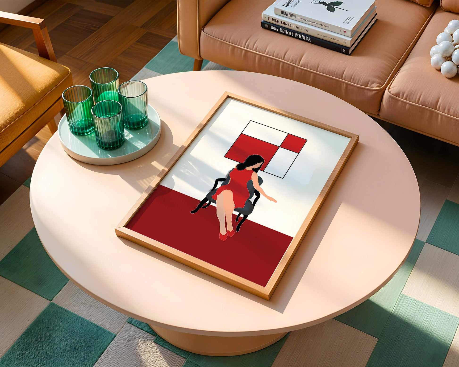 Mujer abstracta en vestido rojo sentada en una silla con arte geométrico en la pared