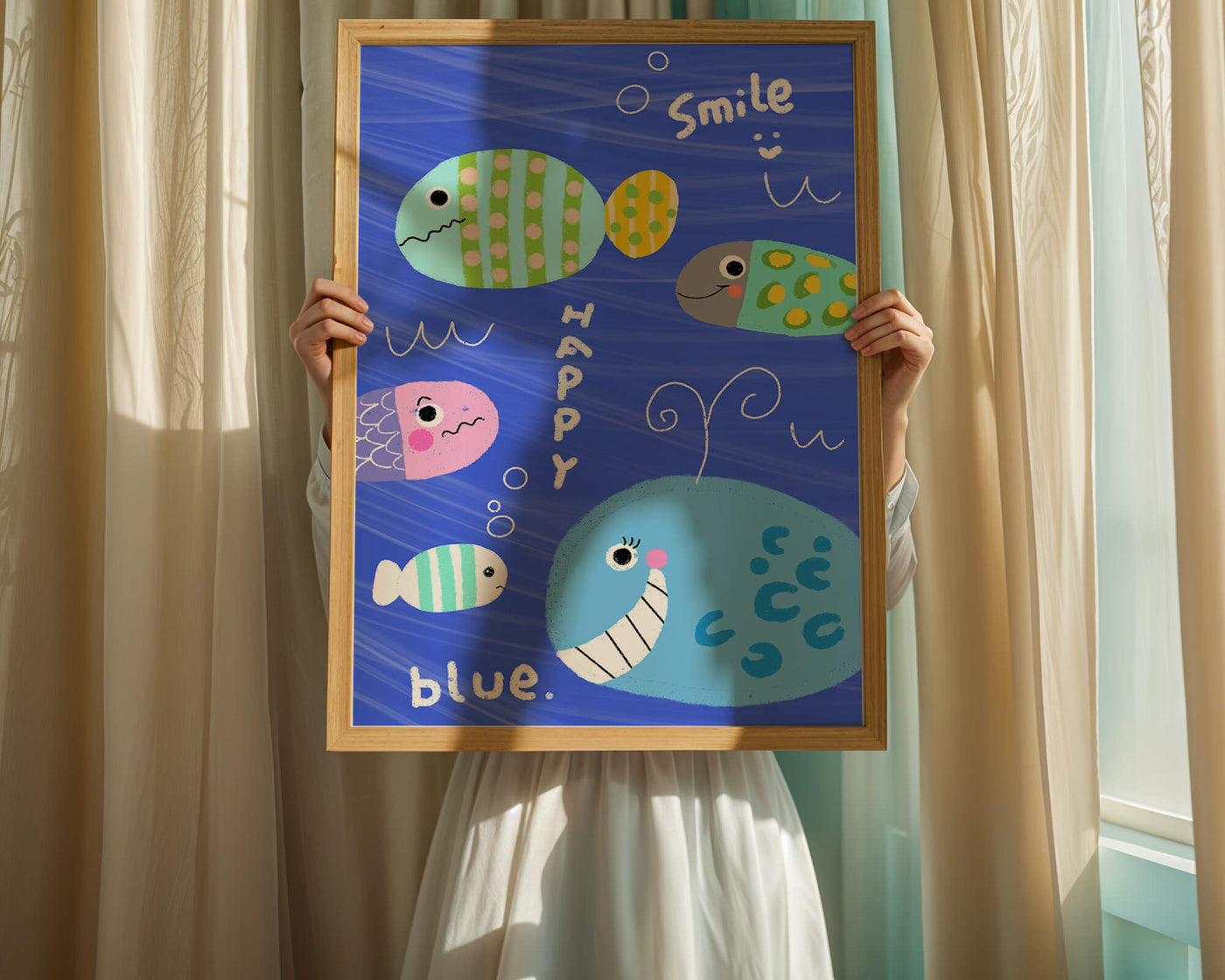 Colorful underwater scene with smiling cartoon fish