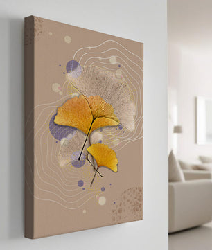Elegante Blätter des Ginkgo mit abstrakten wellenförmigen und kreisförmigen Elementen
