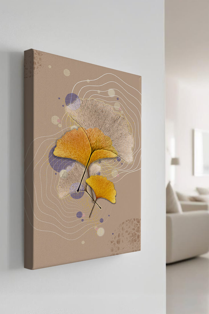 Elegant ginkgo leaves with abstract wavy and circular elements