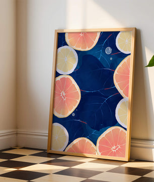 Frutas cítricas coloridas sobre fondo oscuro de hojas