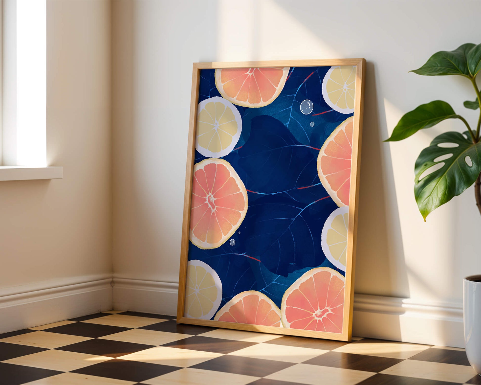 Frutas cítricas coloridas sobre fondo oscuro de hojas