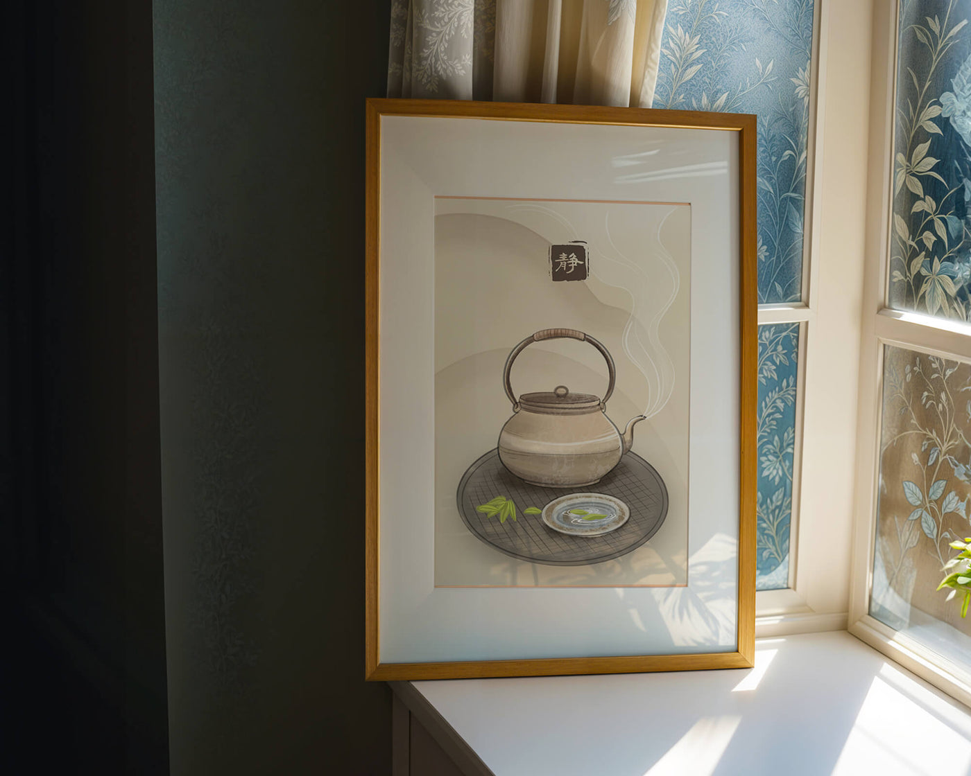 Traditional Japanese teapot with steaming tea and serene setting
