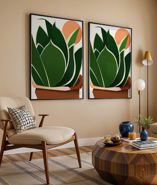 Ilustración contemporánea de una planta serpiente con fondo de amanecer