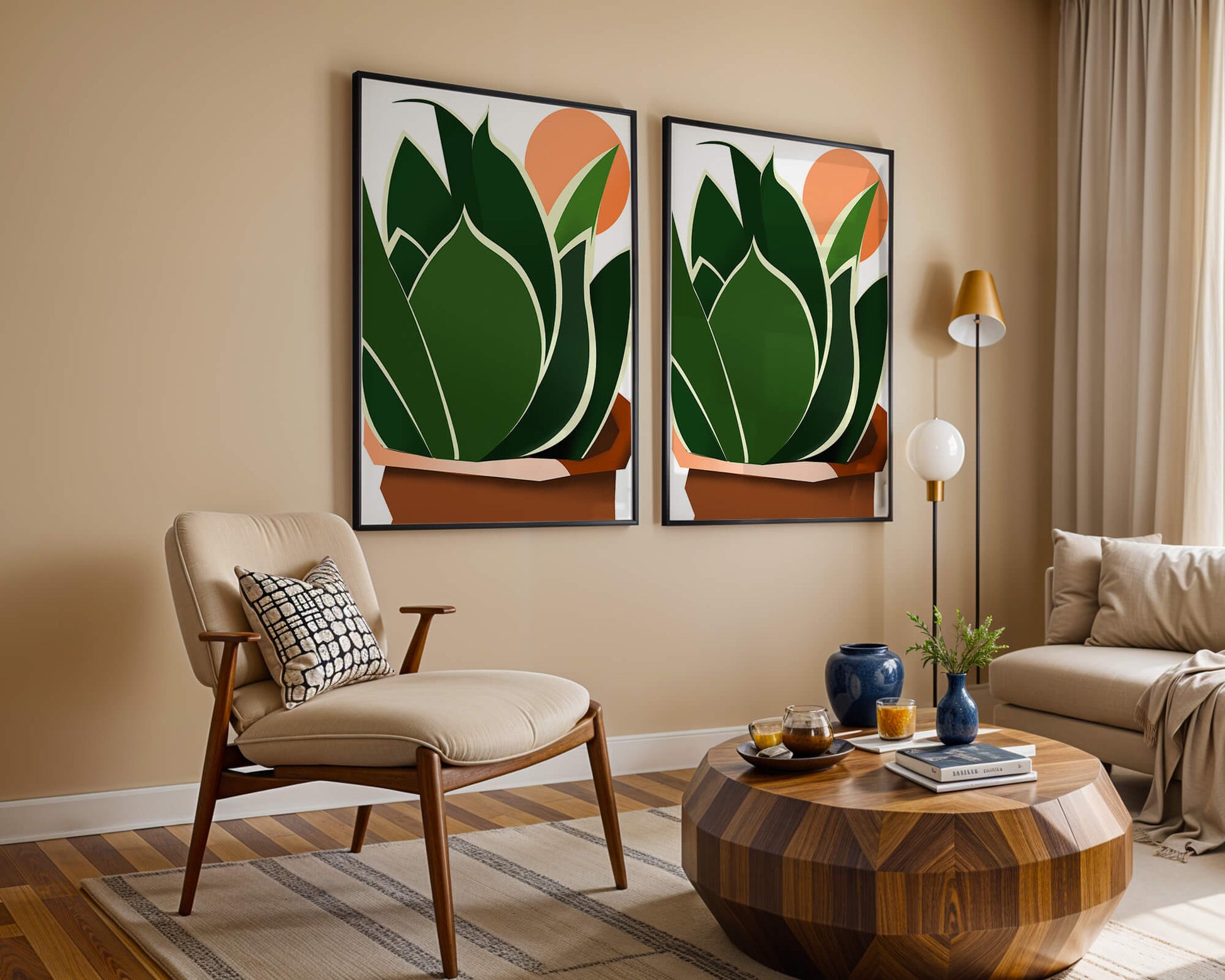 Ilustración contemporánea de una planta serpiente con fondo de amanecer