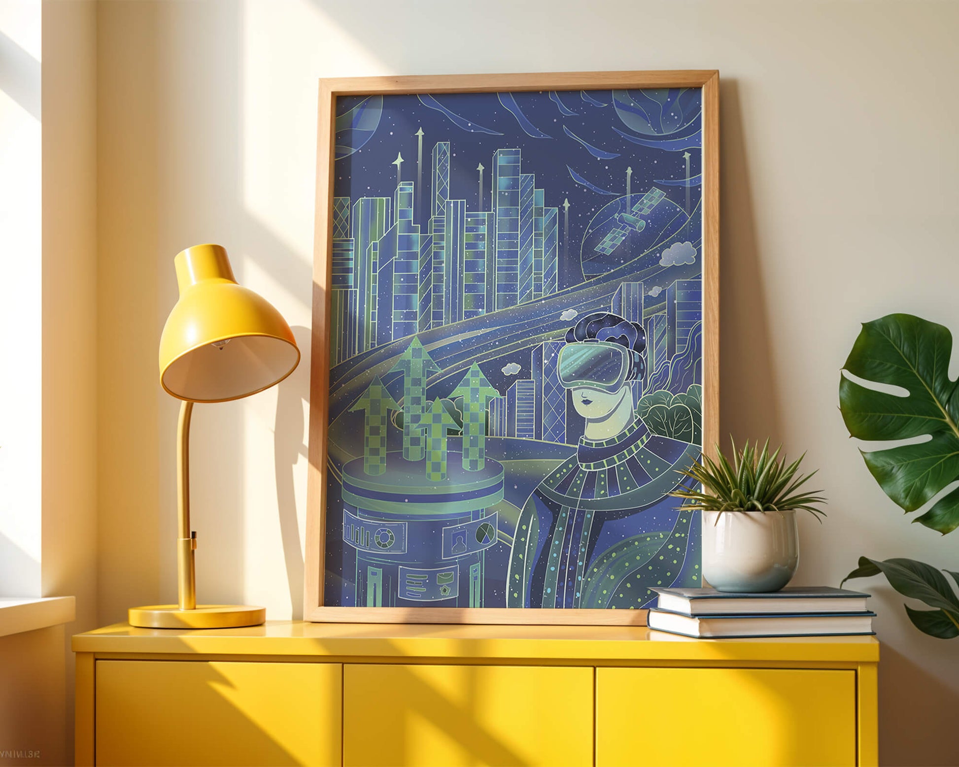 Futuristisches Stadtbild mit Virtual Reality und Technologieelementen