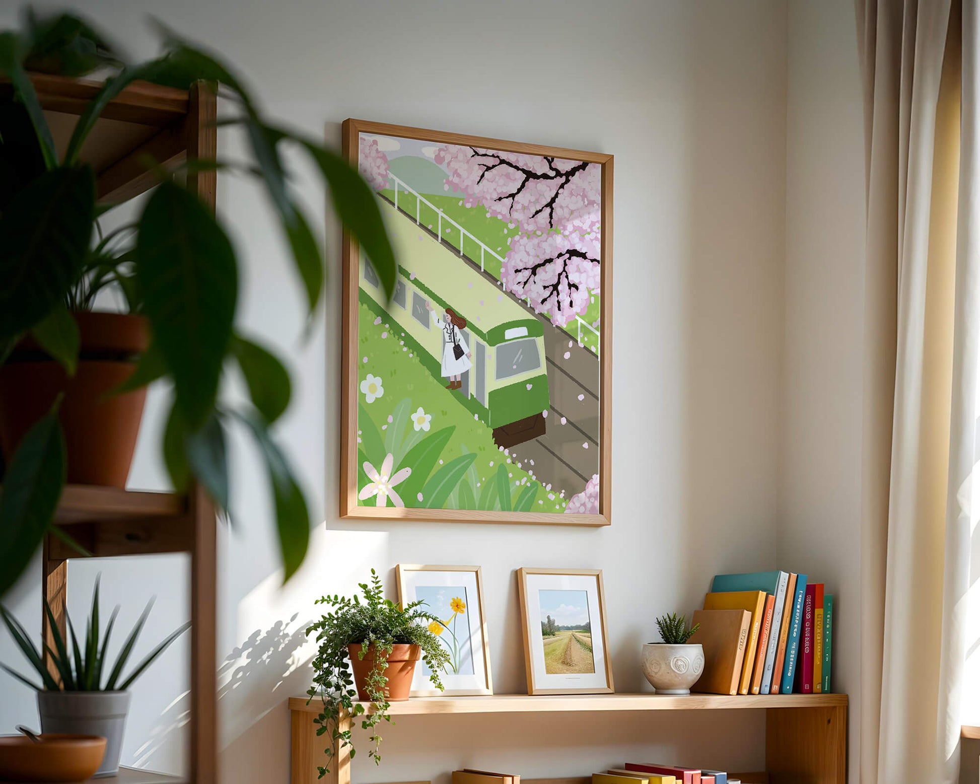 Cherry Blossoms and Train Scene in Spring Landscape