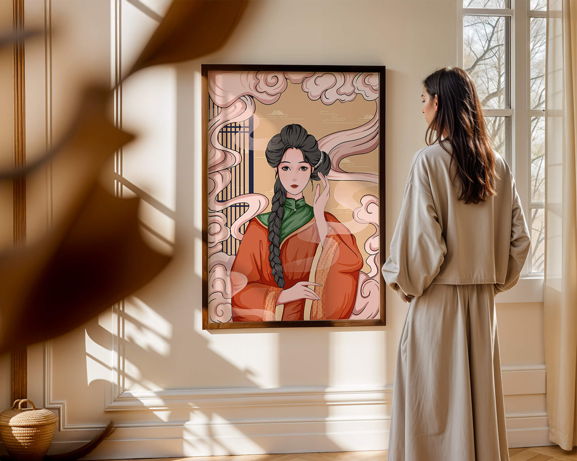 Elegant depiction of a woman in traditional attire with swirling clouds