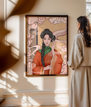Elegante representación de una mujer con atuendo tradicional y nubes giratorias